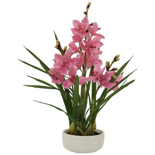 Artificial Pink Cymbidium Flower Plant in White Ceramic Pot