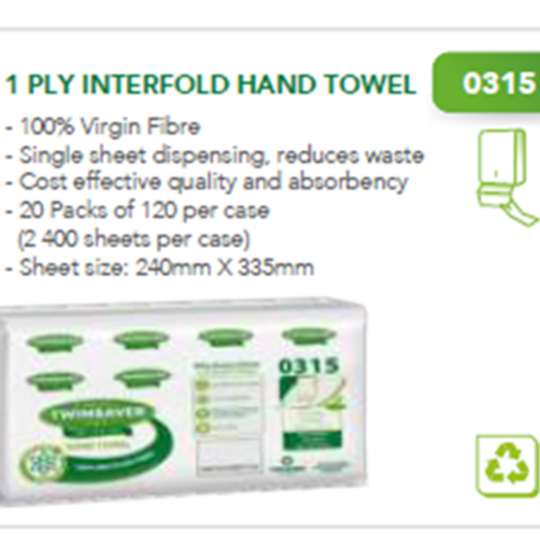 Twinsaver 1 Ply Interfold Hand Towel 2400 Sheets