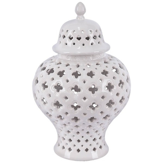 White Lattice cut-out Design Ceramic Ginger Jar with Lid