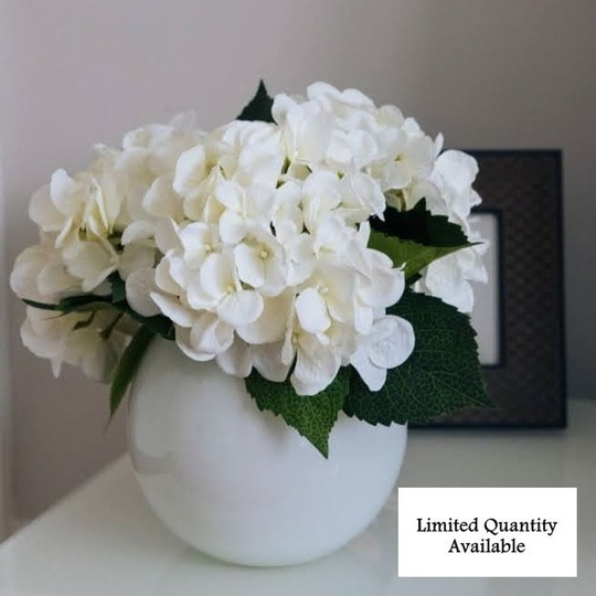 Artificial Hydrangeas Arrangement in White Ball Vase