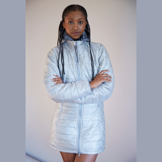 Women's Long Reversible Wool filled puffer jacket (Silver and Grey)