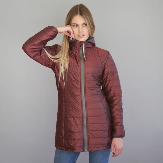 Women's Long Reversible Wool filled puffer jacket (Red and Grey)