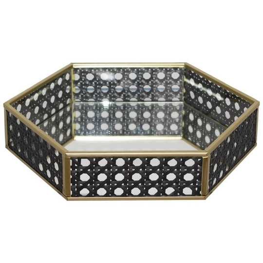 Hexagon Rattan Design Black & Gold Metal Tray