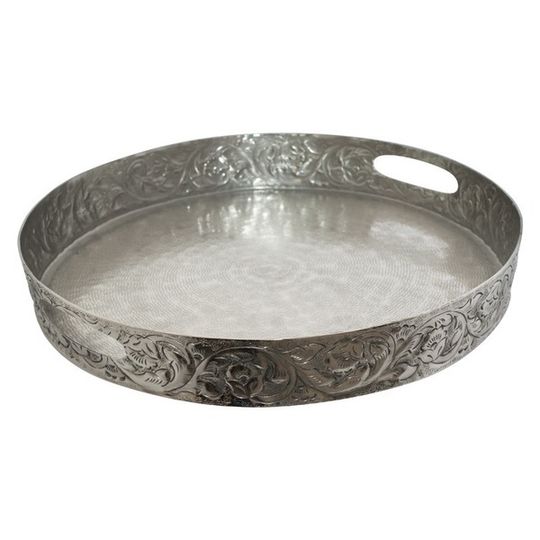 Large Round Metal Tray - Silver