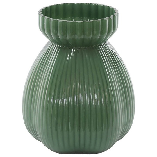 Green Ribbed Glass Belly Vase