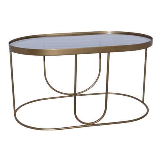 OVAL GOLD METAL COFFEE TABLE WITH TINTED GLASS TOP