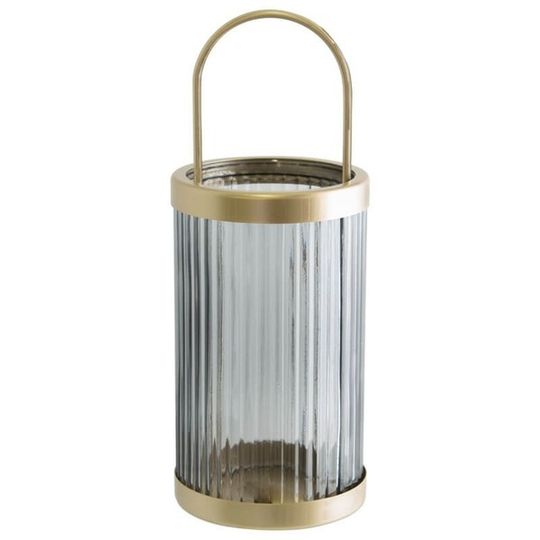 Ribbed Glass Gold Metal Cylinder Lantern