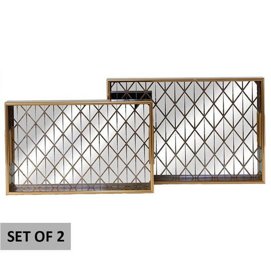 Antique Gold Diamond Design Mirror Rectangular Trays Set of 2