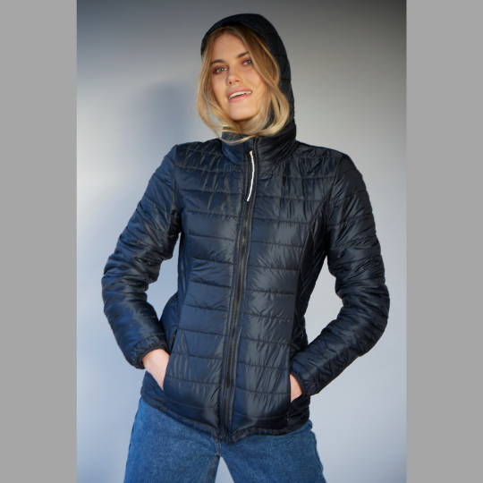 Women's short wool filled, Reversible jacket with removable hood in Black