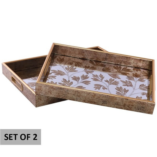 Antique Gold Leaves Design Rectangular Trays Set of 2