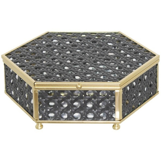 Hexagon Rattan Design Black & Gold Trinket Box