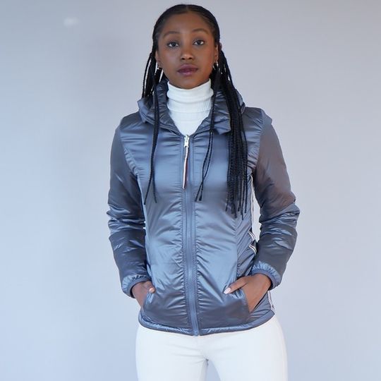 Women's reversible wool filled jacket in Mercury Grey