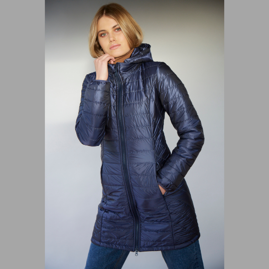 Women's long wool filled jacket with removable hood in Tanzanite blue