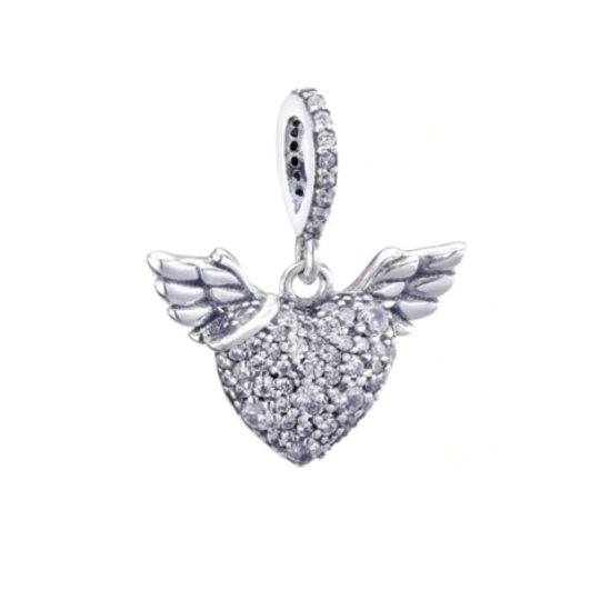 Clear Cubic Zirconia Heart and Angel Wings Charm