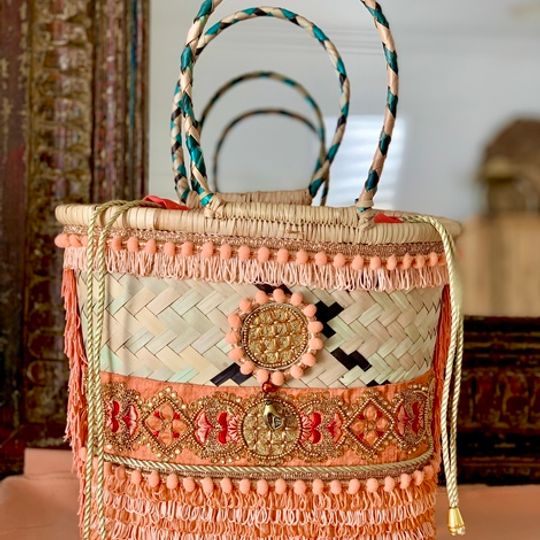 Gootchi Basket Tote Handbag/Coral, Peach, Gold