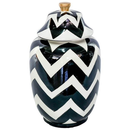 Black/White Zigzag Design Ginger Jar with Gold Knob Lid