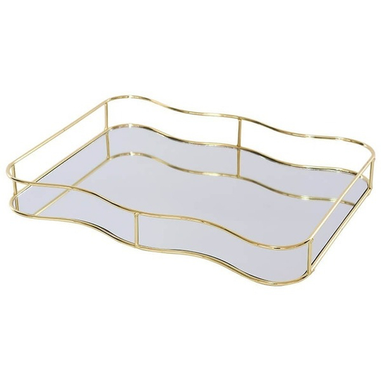 Wavy Rectangular Gold Metal Mirror Tray