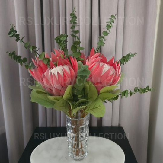 Artificial Proteas Arrangement in Emerald Cut Crystal Glass Vase