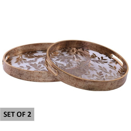 Antique Gold Leaves Design Round Trays Set of 2