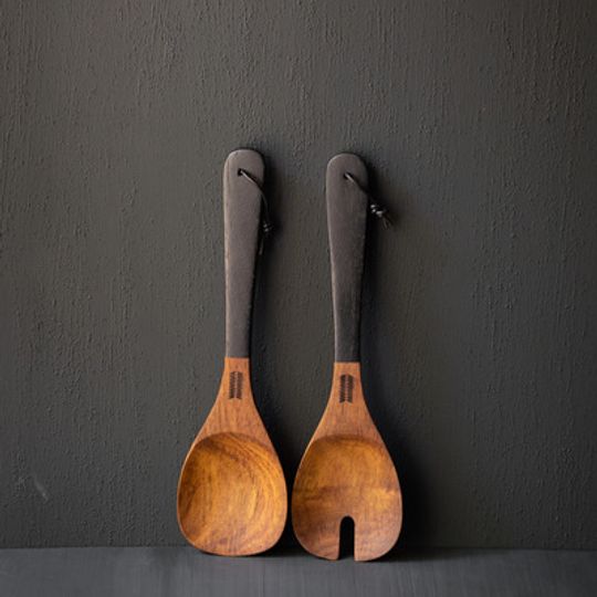 Wooden Salad Servers - dipped in black with leather detail (NEW)