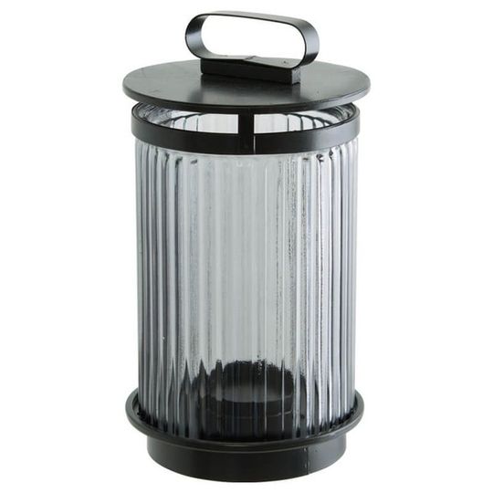Ribbed Glass Black Metal Cylinder Lantern