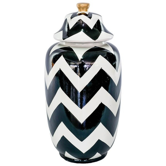 Black & White Zigzag Design Ginger Jar with Gold Knob Lid