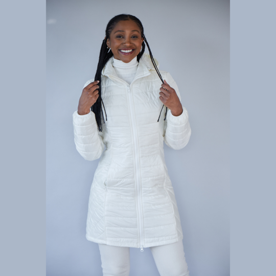 Women's Long wool filled jacket with removable hood in Cream