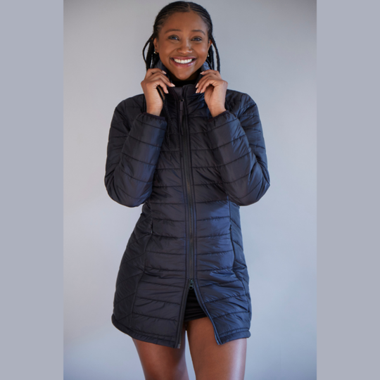 Women's Long Reversible Wool filled puffer jacket (Black and Grey)