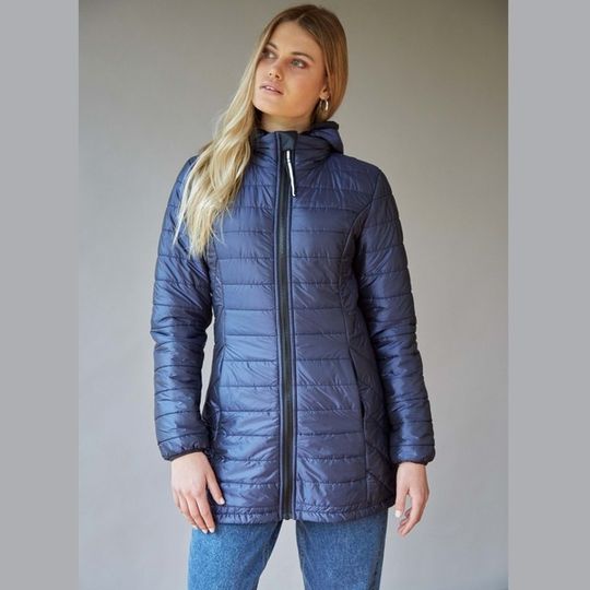 Women's Long Reversible Wool filled puffer jacket (Blue and black)