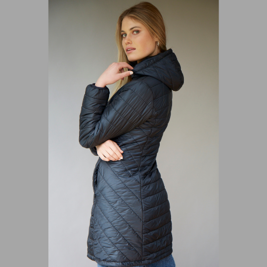 Women's Long wool filled jacket with removable hood in black