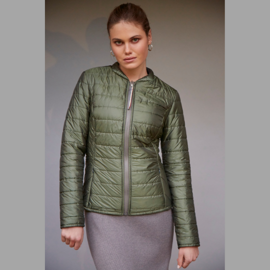Women's lite wool filled reversible jacket in Olive and grey.