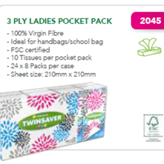 Twinsaver 3 Ply Ladies Pocket Tissues 8 Packs per Case