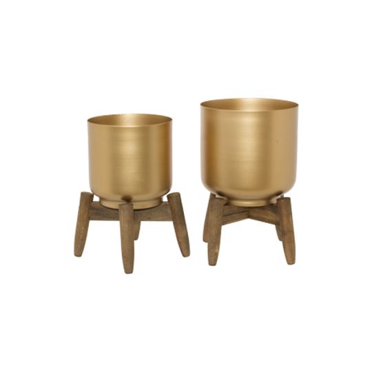 GOLD METAL PLANTER WITH WOODEN STAND - SET OF 2