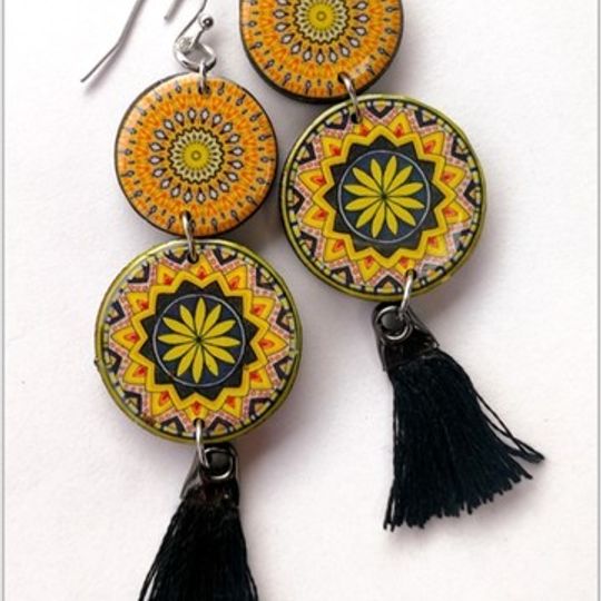 Earrings - Double mandala with BLACK tassels