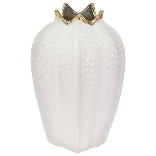 Large White Textured Gloss Ceramic Vase with Gold Rim