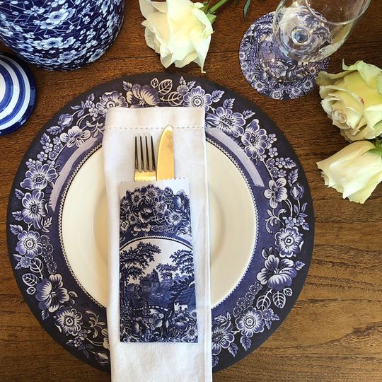 Delft Combo: 24 Different Doilie placemats, 24 coasters & cutlery bags