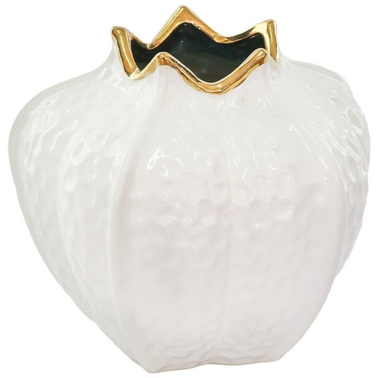 White Textured Gloss Ceramic Vase with Gold Rim