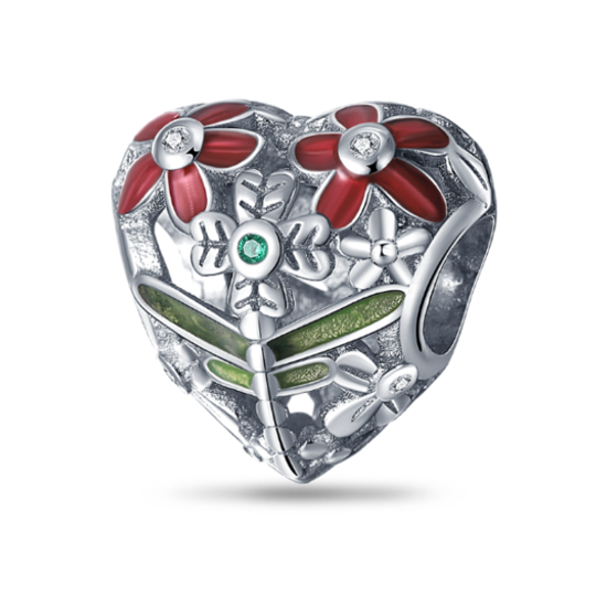 Red Flower & Dragonfly Heart Shaped Charm