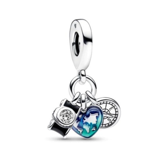 Camera, World Map Heart & Compass Triple Charm
