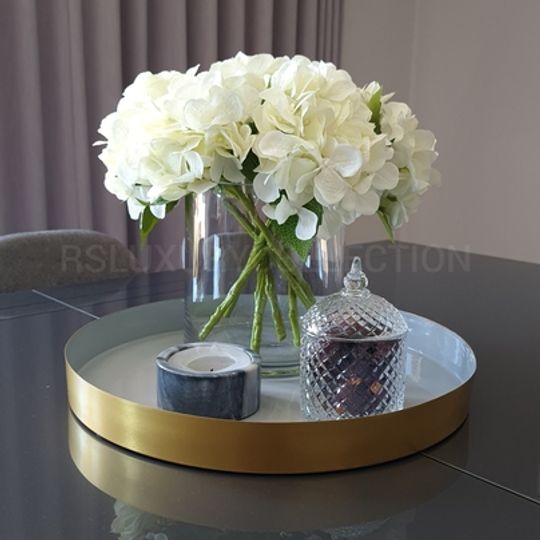 Brushed Gold and Light Grey Round Metal Tray