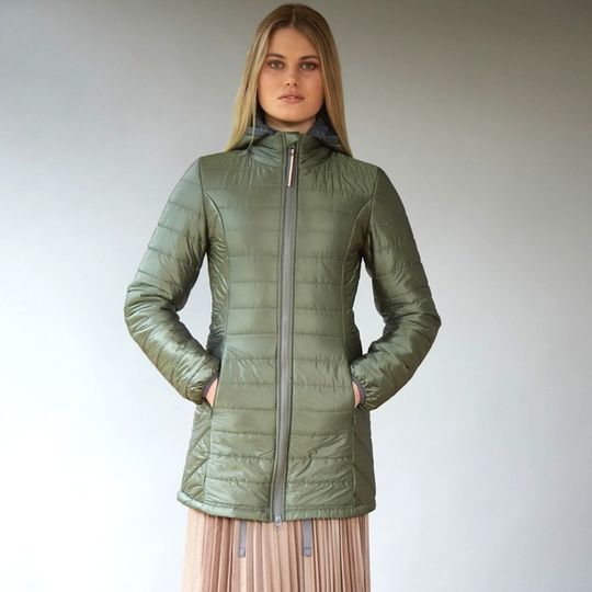 Women's Long Reversible Wool filled puffer jacket (Olive and Grey)