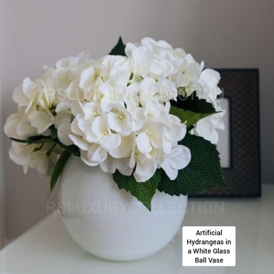 Artificial Hydrangeas Arrangement in White Ball Vase