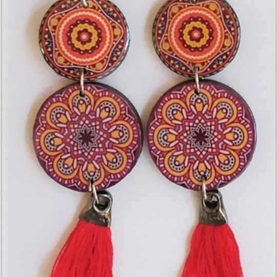Earrings - Double mandala RED tassels
