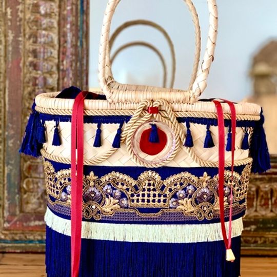 Gootchi Basket Tote Handbag/Navy Blue and Gold