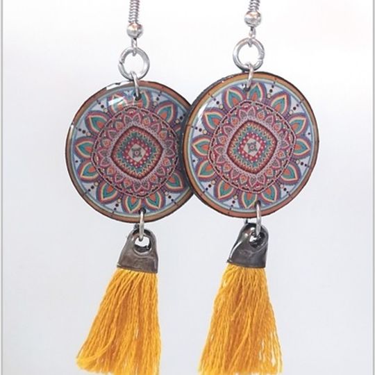 Earrings - Single mandala YELLOW tassels