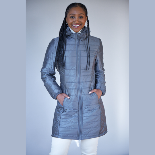 Women's Long wool filled jacket with removable hood in Mercury Grey