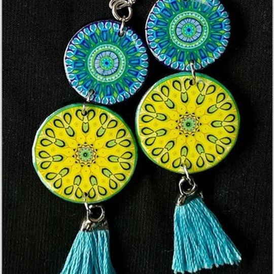Earrings - Double mandala LIGHT BLUE tassels