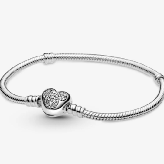 Disney Mickey Mouse Clear Stones Heart Clasp Snake Chain Bracelet