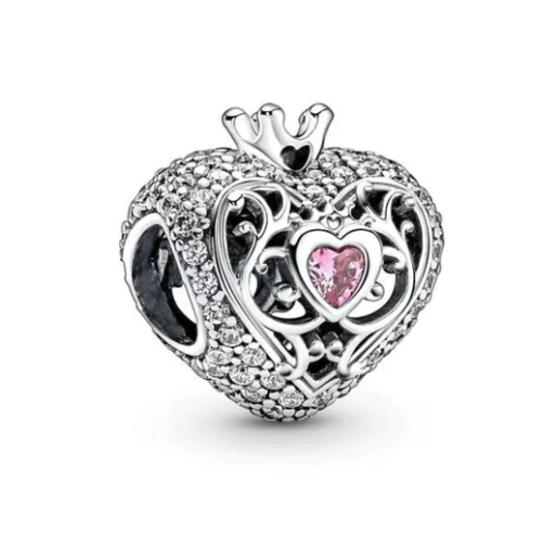 Pink Cubic Zirconia Love Heart Crown Bead Charm
