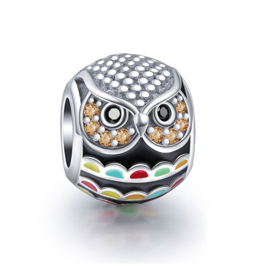 Black Gold and Silver Enamel Cubic Zirconia Owl Charm